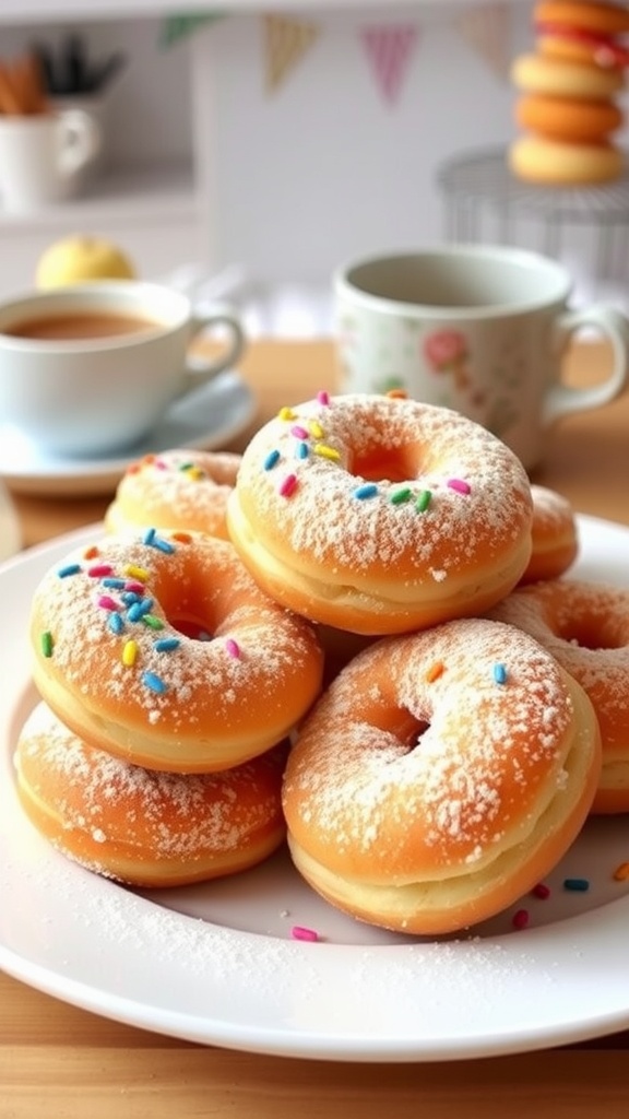 Freshly made air fryer donuts topped with sprinkles and powdered sugar on a plate with a cup of coffee.